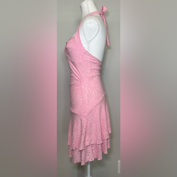 Pink halter dressneck tie twist detail babydoll asymmetrical hem spring summer S - Picture 5 of 7